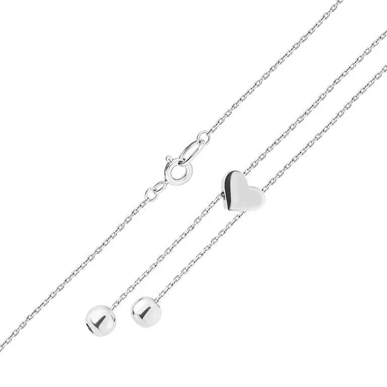 Колье-галстук в белом золоте "Сердце" с шариками плетение якорь - 2143016