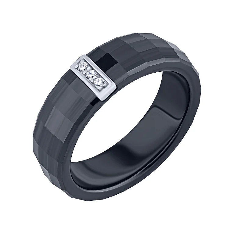 Керамічна каблучка із вставкою зі срібла з фіанітами та гранями - 2138185