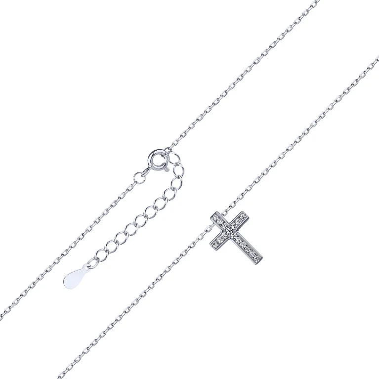 Ланцюжок з підвісом "Хрестик" зі срібла з фіанітами плетіння якір - 2201556