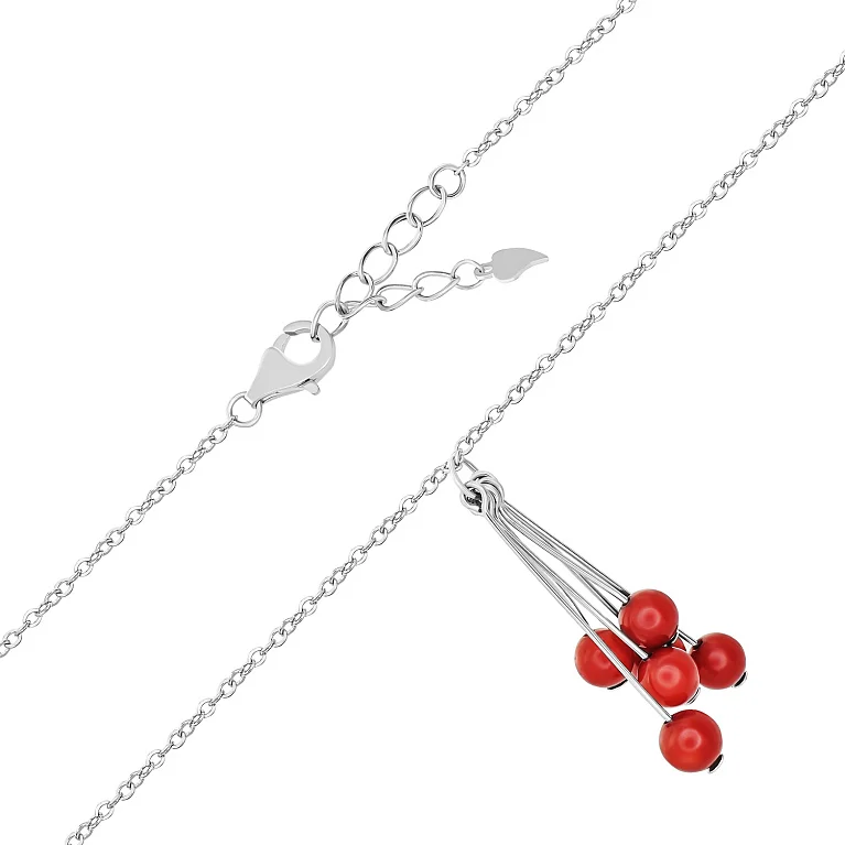 Ланцюжок зі срібла з коралами "Калина" у плетінні  якір - 1517313