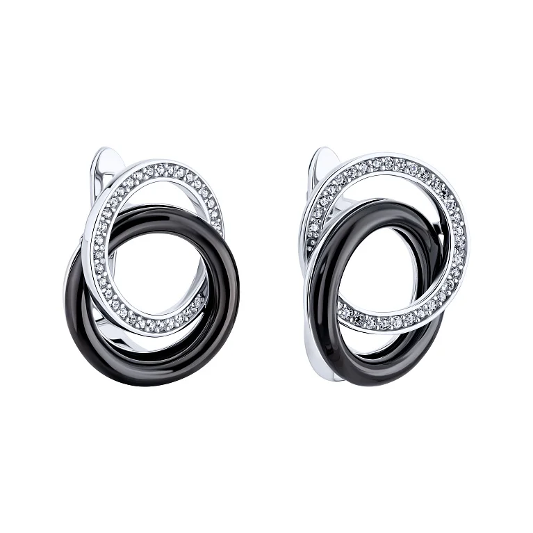 Срібні сережки "Круги" з доріжкою фіанітів і керамікою - 2172701