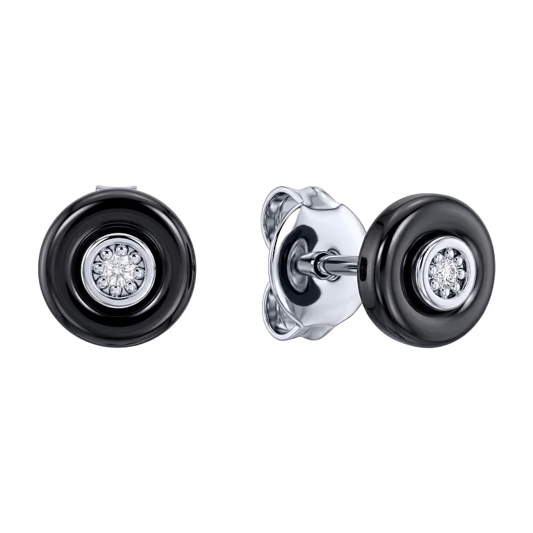 Сережки-пусети з фіанітом і керамікою у сріблі - 2211133