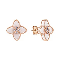 Сережки-гвоздики "Квітка" з агатом та фіанітами у червоному золоті - 1992796