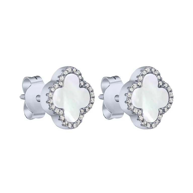 Серебряные серьги-пусеты "Клевер" с фианитами - 2159857