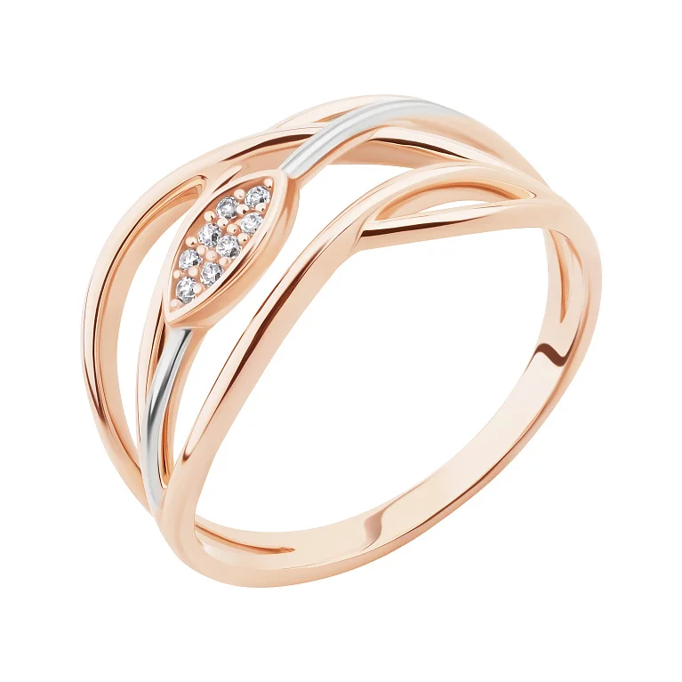 Каблучка із комбінованого золота "Листок" з фіанітами - 2135819