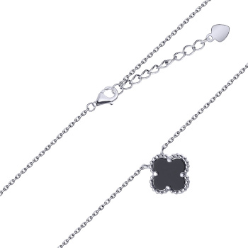 Серебряное кольє с подвесом "Клевер" с ониксом якорное плетение - 1822877