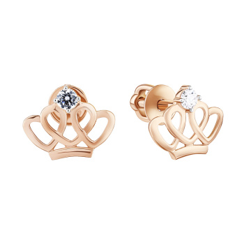 Сережки-гвоздики "Корона" из красного золота с фианитом - 1834061
