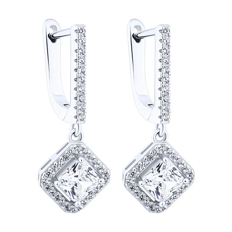 Срібні сережки з підвісами з фіанітами - 2183623