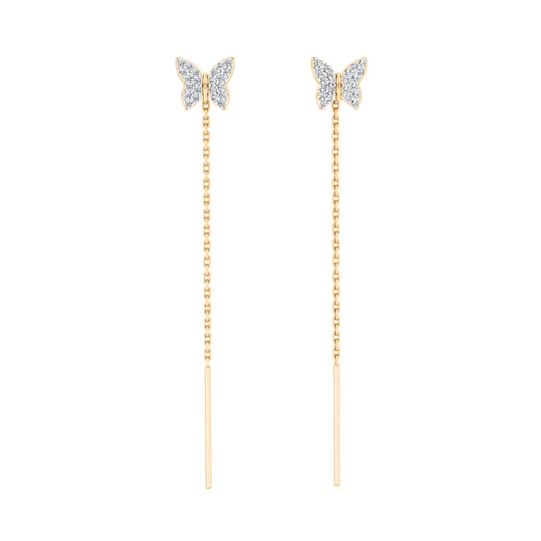 Серьги-протяжки "Бабочки" из красного золота с фианитами - 2120731