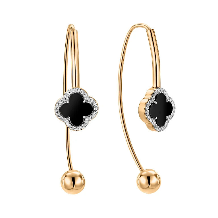 Сережки-петлі "Конюшина" з червоного золота з оніксом та фіанітами  - 2193532