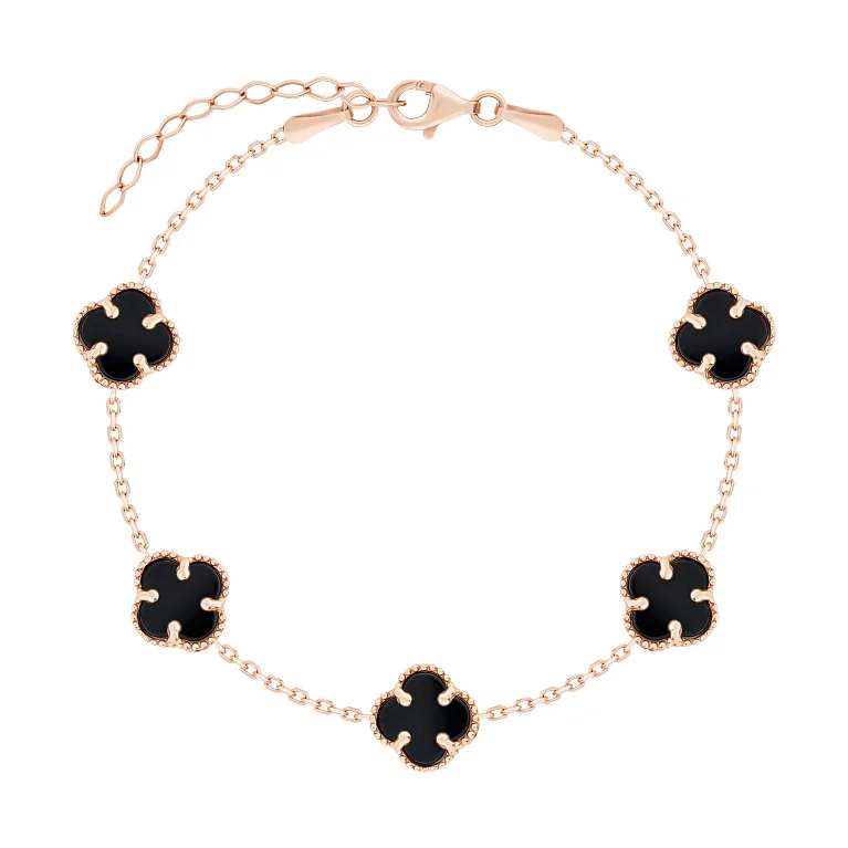 Браслет "Клевер" из красного золота с ониксом и якорным плетением - 1858668