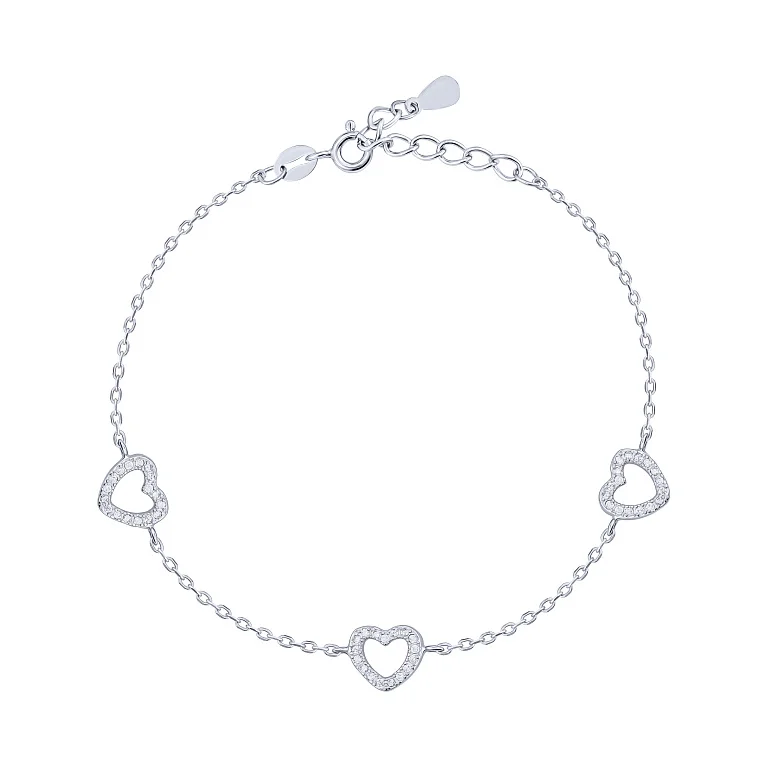 Серебряный браслет "Сердечки" с фианитами плетение якорь - 2162947