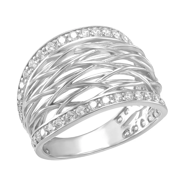 Широкое серебряное кольцо с фианитами "Переплетение". Артикул 7501/380220С: цена, отзывы, фото – купить в интернет-магазине AURUM