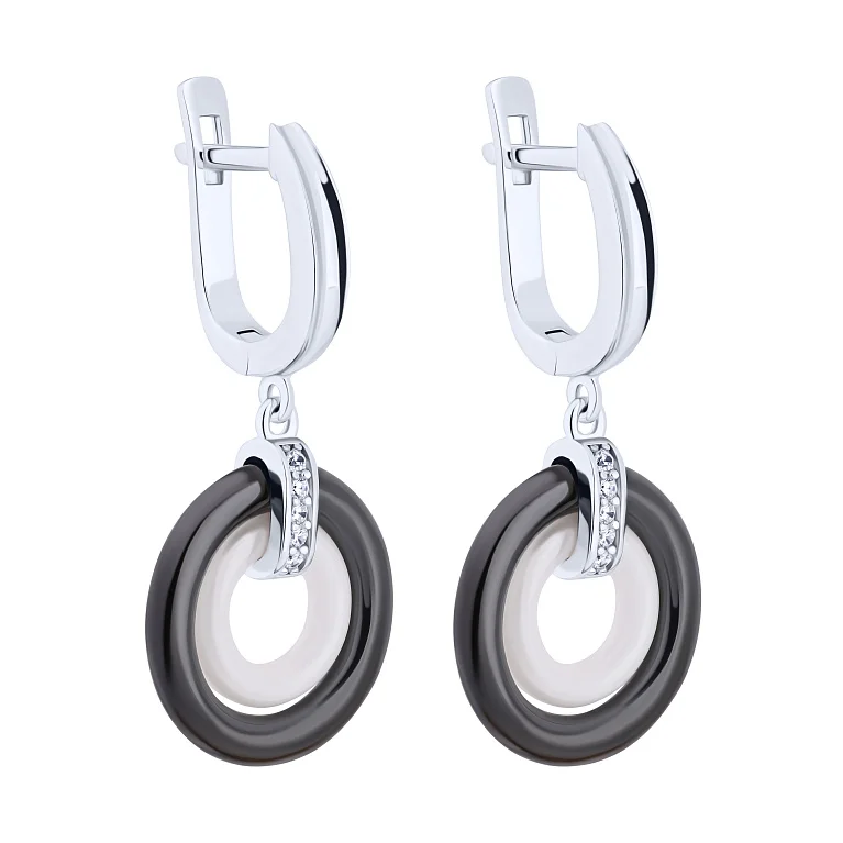 Срібні сережки з підвісами із кераміки та з фіанітами - 2149478