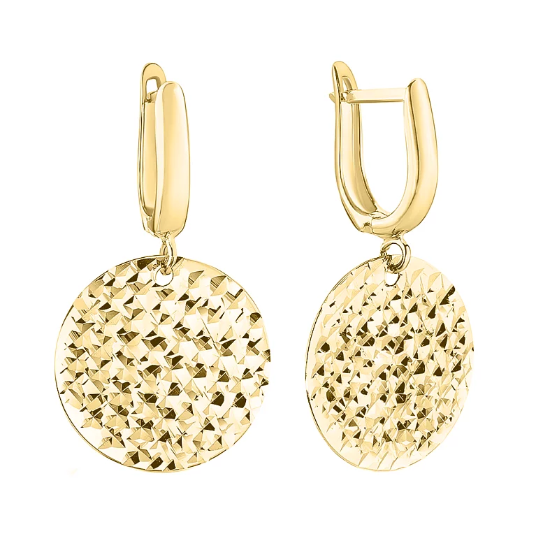 Золоті сережки з підвіскою та алмазною гранню "Монета". Артикул 107421/15ж: ціна, відгуки, фото – купити в інтернет-магазині AURUM