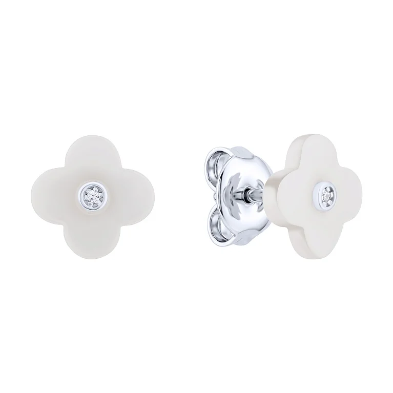 Сережки-пусети зі срібла "Квітка" з фіанітом і керамікою - 2211136