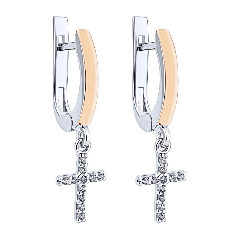 Сережки зі срібла з накладкою з червоного золота і підвісом "Хрестик" з фіанітами - 2162790