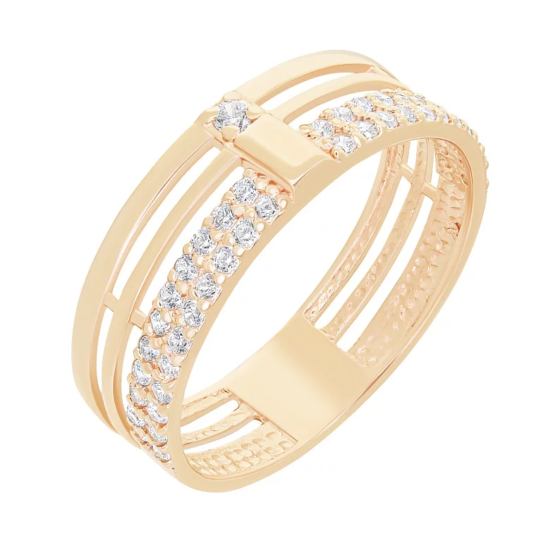 Тройное золотое кольцо в красном золоте с фианитами. Артикул 115411: цена, отзывы, фото – купить в интернет-магазине AURUM