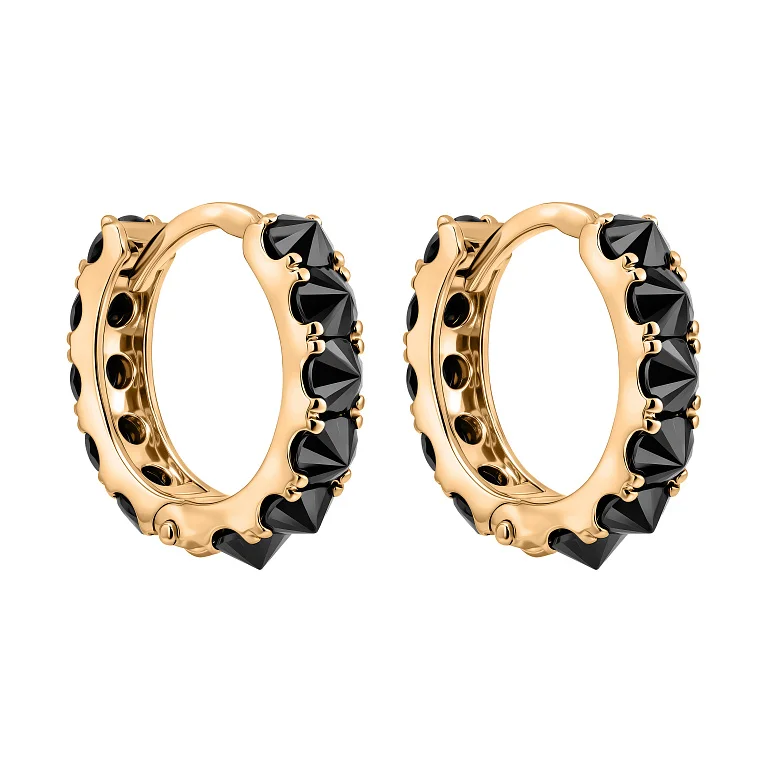 Сережки-кільця з червоного золота з доріжкою чорних фіанітів - 2193453