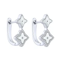 Серьги "Цветы" из серебра с фианитами и имитацией перламутра - 2205884