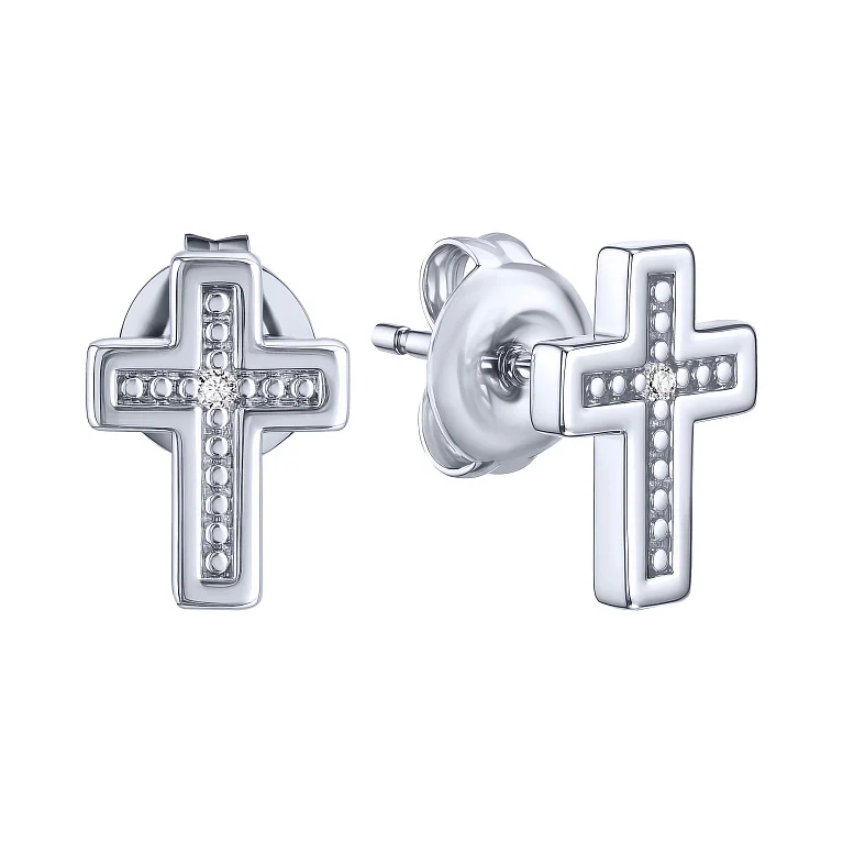 Срібні сережки-пусети "Хрестик" з фіанітом - 2159983