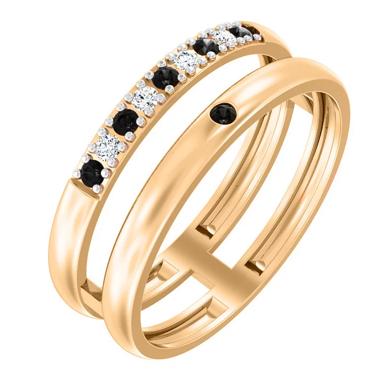 Двойное кольцо из красного золота с черными и белыми фианитами. Артикул 140715ч: цена, отзывы, фото – купить в интернет-магазине AURUM