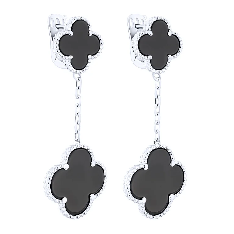 Серебряные серьги "Клевер" с подвесом и ониксом - 2183664