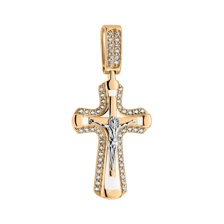 Хрест "Ісус Христос" з червоного золота з фіанітами і емаллю - 2127686