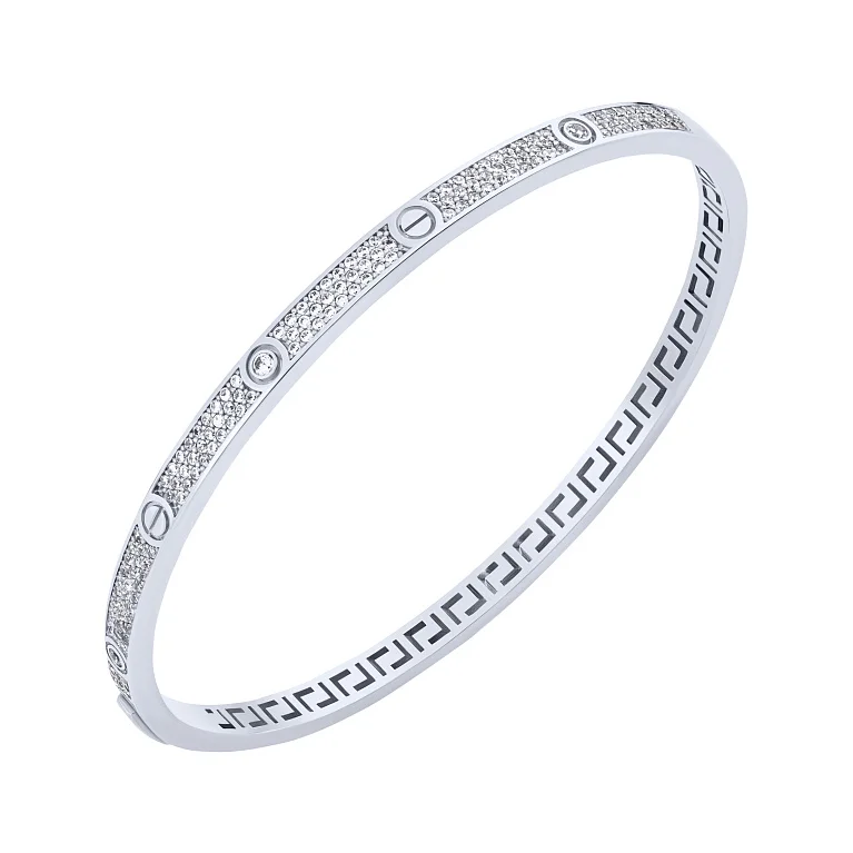 Шикарный жерткий браслет "Love" из белого золота с фианитами - 2103677