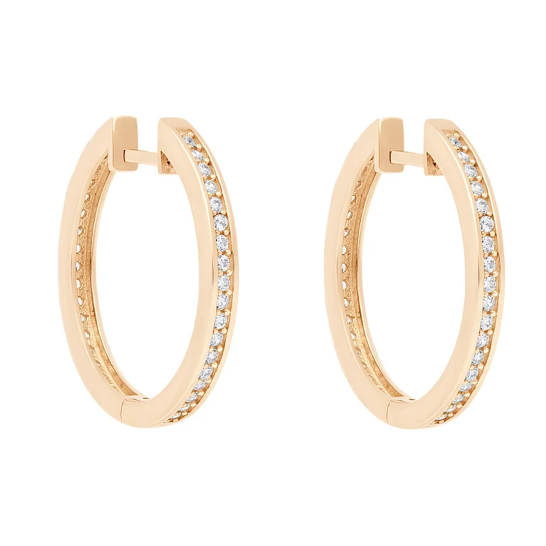 Сережки-кольца из красного золота с фианитами - 1731311