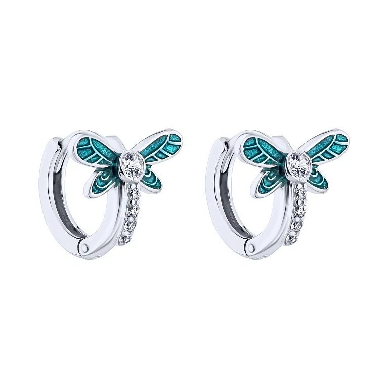 Дитячі сережки-кільця "Бабка" зі срібла з фіанітами та емаллю - 2172654