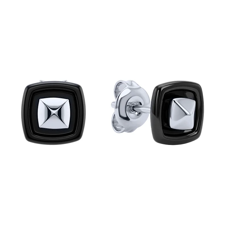 Сережки-пусети зі срібла "Квадрат" з фіанітом і керамікою - 2211134