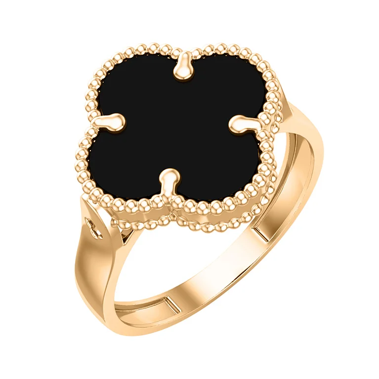 Кольцо из красного золота "Клевер" с ониксом - 2129724