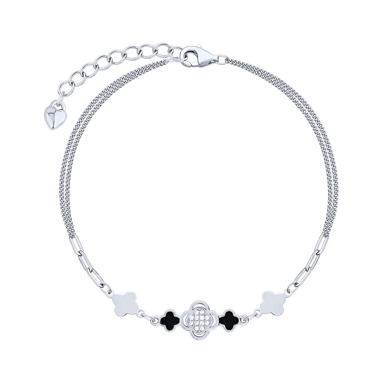 Серебряный двойной браслет "Клевер" с эмалью и фианитами в плетении якорь и панцирь - 2167572