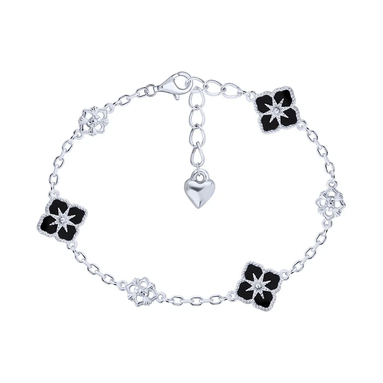 Срібний браслет "Квіти" з оніксом плетіння якір - 2241031