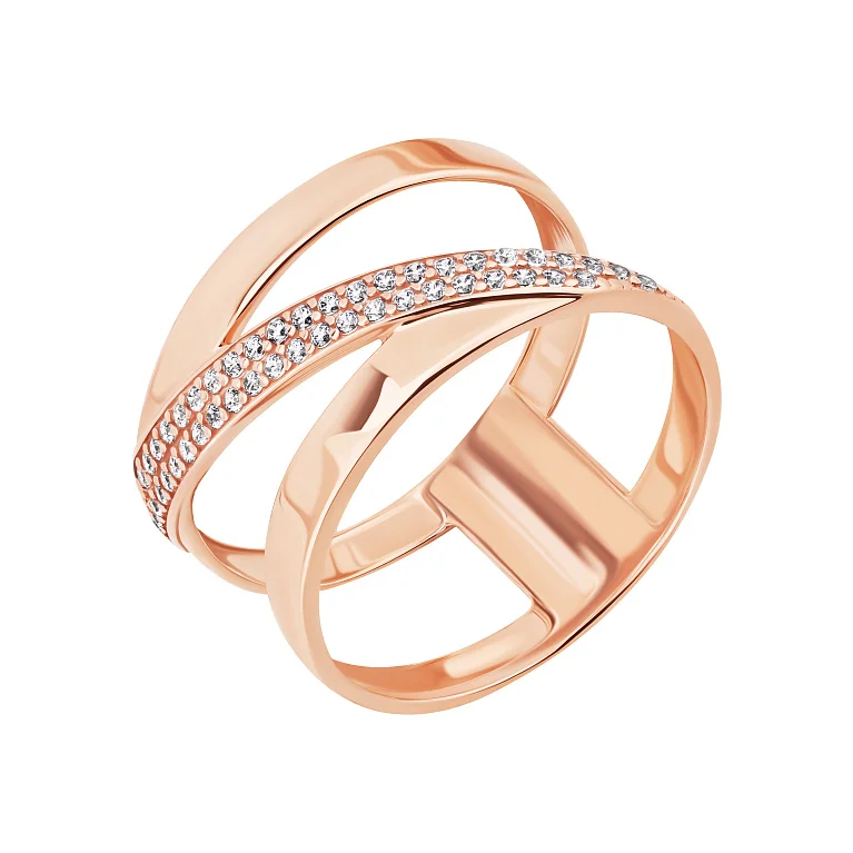 Широка подвійна каблучка з червоного золота з фіанітами  - 2092973
