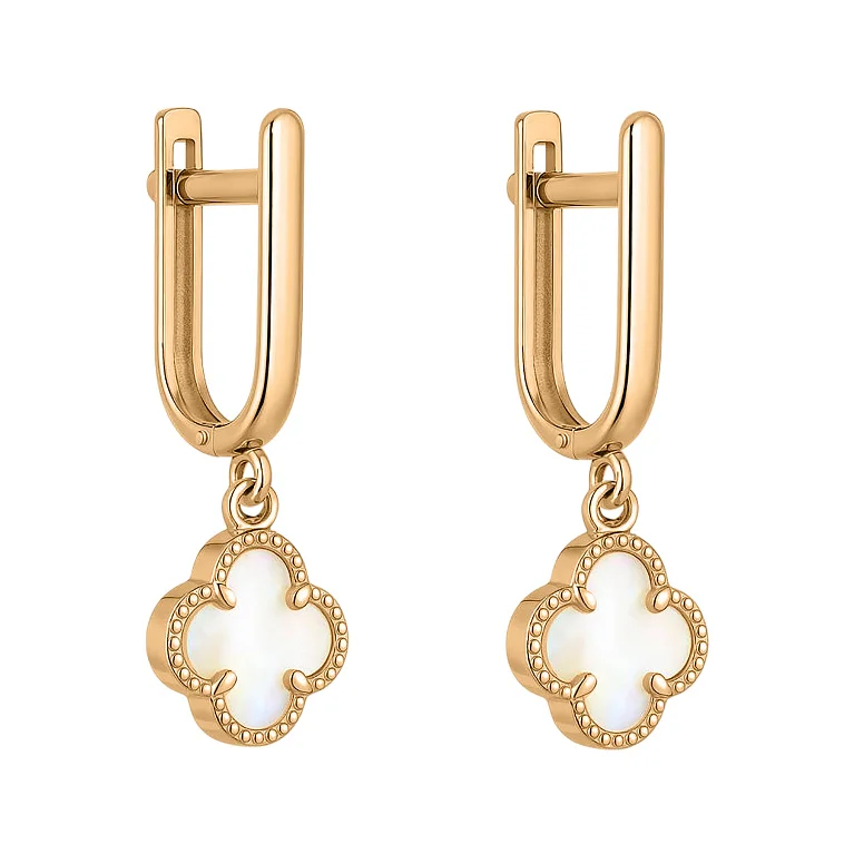 Серьги из красного золота "Клевер" с перламутром - 2139261