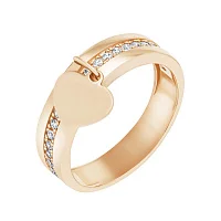 Каблучка з червоного золота з доріжкою фіанітів і підвіскою "Серце" - 1722985