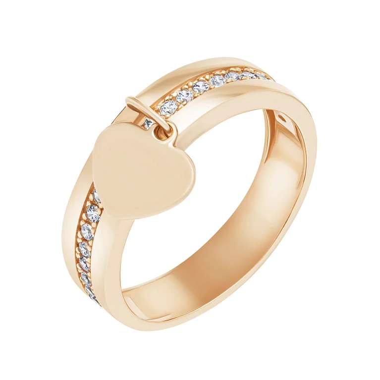 Каблучка з червоного золота з доріжкою фіанітів і підвіскою "Серце" - 1722985