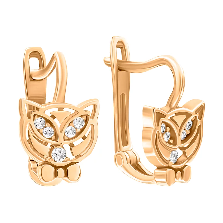 Золоті сережки для дітей "Котик" з фіанітами. Артикул 106145: ціна, відгуки, фото – купити в інтернет-магазині AURUM