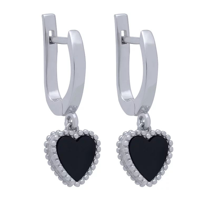 Срібні сережки з підвісними сердечками з оніксом. Артикул 7502/2066/170: ціна, відгуки, фото – купити в інтернет-магазині AURUM