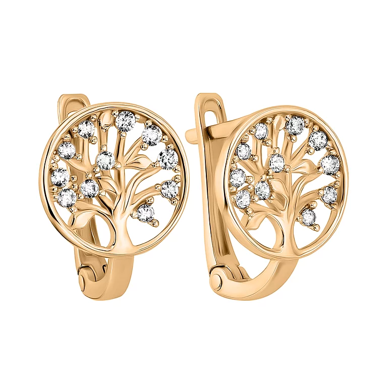 Золоті сережки з фіанітами "Дерево Життя". Артикул 108086: ціна, відгуки, фото – купити в інтернет-магазині AURUM