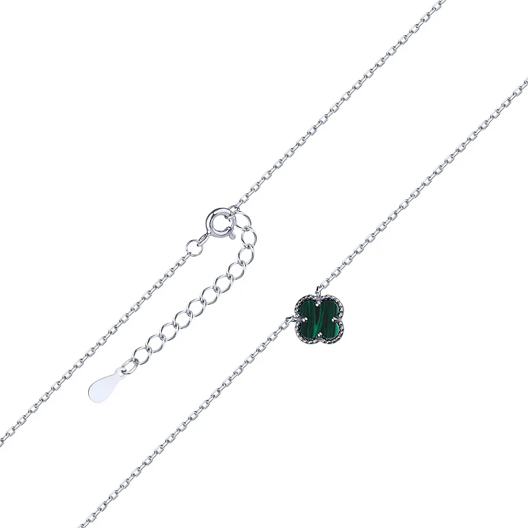 Колье с подвесом "Клевер" из серебра с малахитом плетение якорь - 2199153