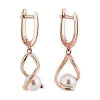 Сережки з червоного золота "Переплетіння" з перлиною та підвісом - 2101851