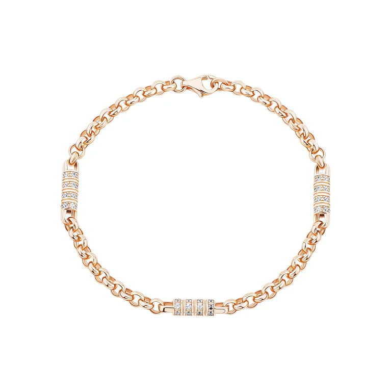 Браслет у червоному золоті з геометричніми вставками та фіанітами плетіння шопард - 2142865