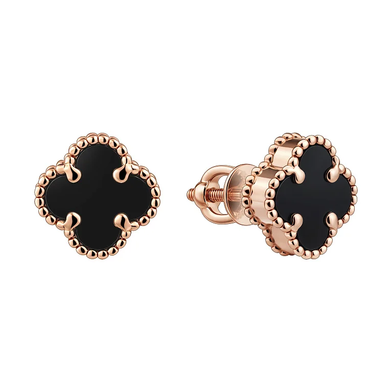 Серьги-гвоздики "Клевер" из красного золота с ониксом - 2210582