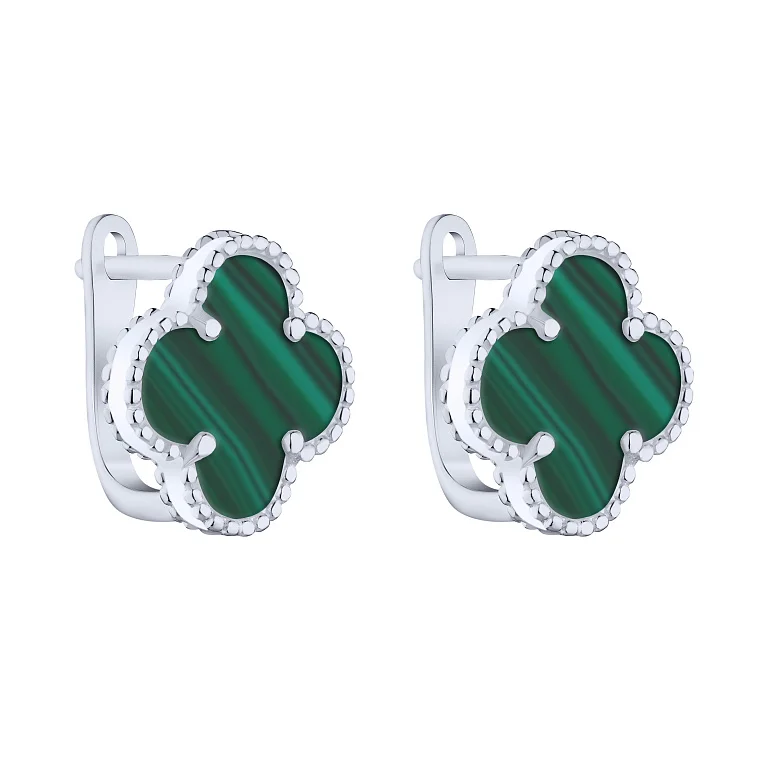 Срібні сережки "Конюшина" з малахітом - 2162568