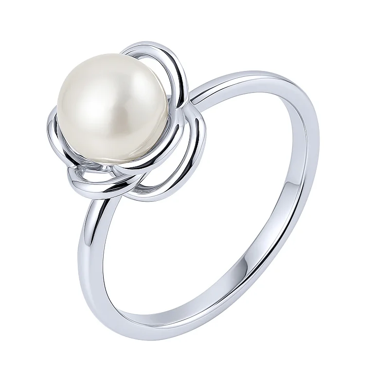 Серебряное кольцо "Цветок" с жемчужиной  - 2187051