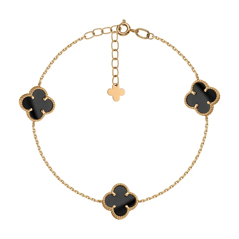 Браслет "Конюшина" в червоному золоті і якірному плетінні з оніксом - 2167203