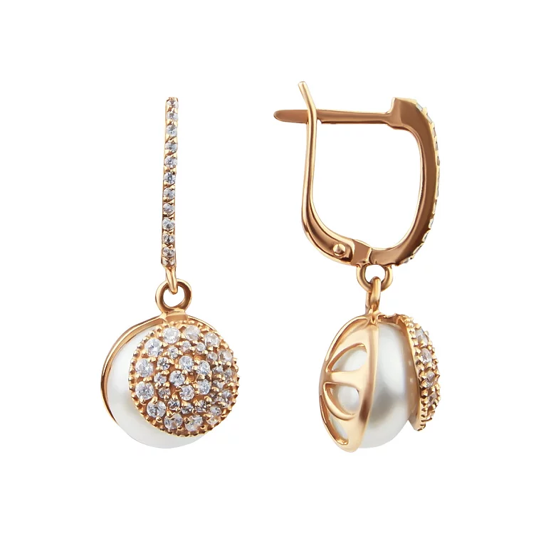 Золоті сережки з підвісами перлами і фіанітом. Артикул 2190281101: ціна, відгуки, фото – купити в інтернет-магазині AURUM